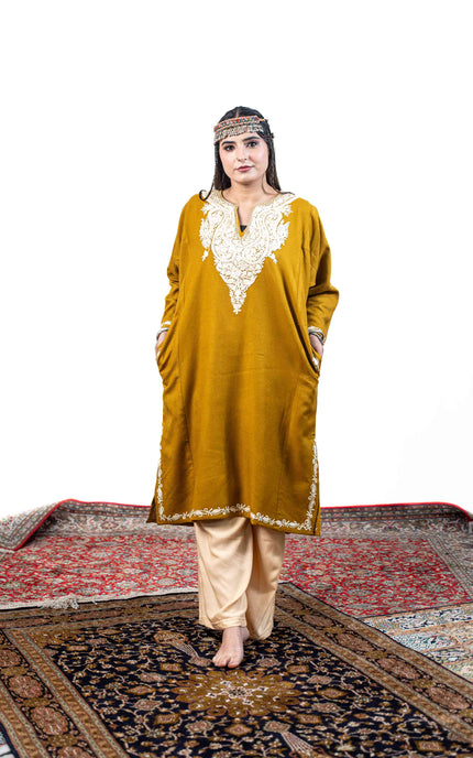 KASHMIRI WHITE AARI WORK PHERAN- MUSTARD - ARTISANS KASHMIR