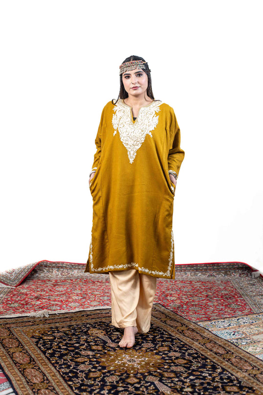KASHMIRI WHITE AARI WORK PHERAN- MUSTARD - ARTISANS KASHMIR