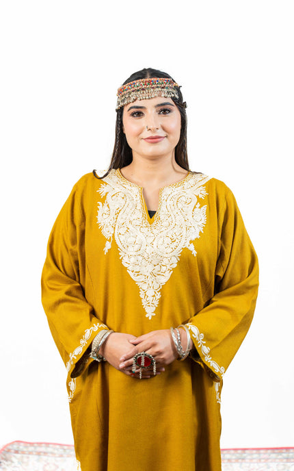 KASHMIRI WHITE AARI WORK PHERAN- MUSTARD - ARTISANS KASHMIR