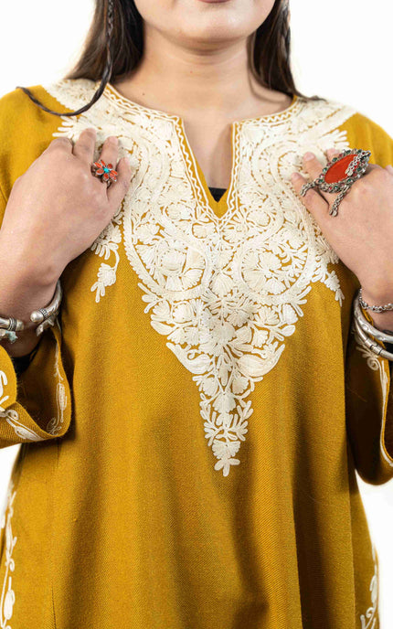 KASHMIRI WHITE AARI WORK PHERAN- MUSTARD - ARTISANS KASHMIR