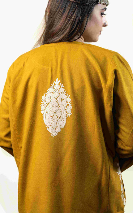 KASHMIRI WHITE AARI WORK PHERAN- MUSTARD - ARTISANS KASHMIR