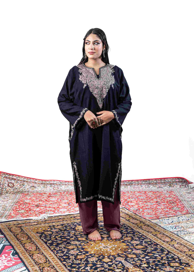 Kashmiri Pastel Aari Work Phiran - Black | Rezkaar