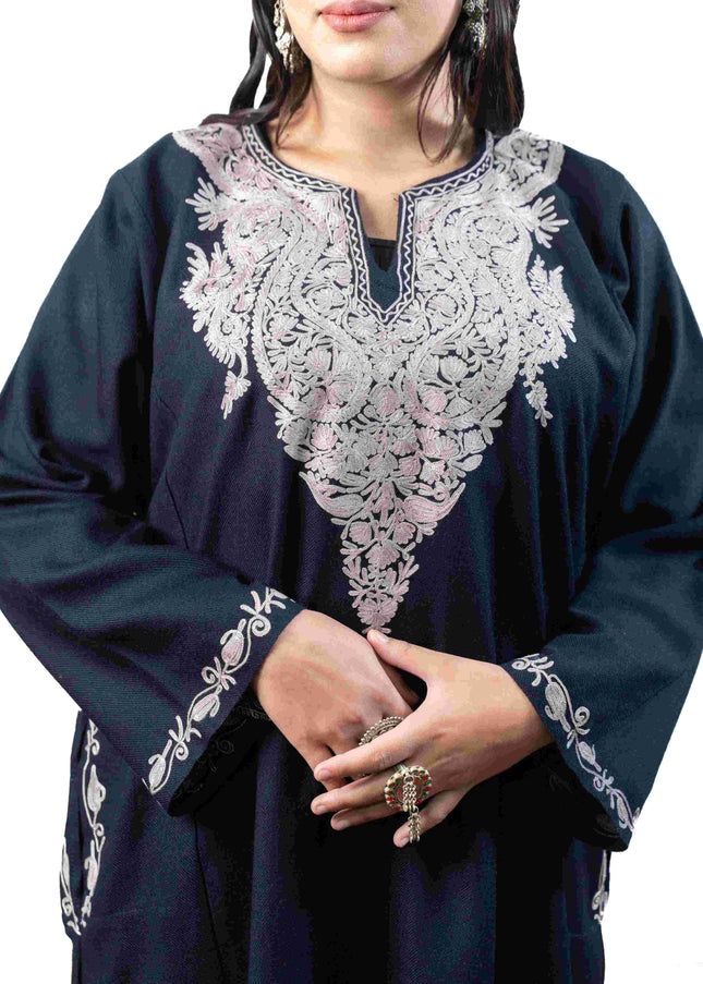 Kashmiri Pastel Aari Work Phiran - Black | Rezkaar