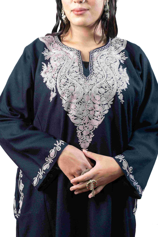 Kashmiri Pastel Aari Work Phiran - Black | Rezkaar