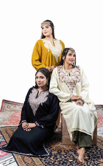 Kashmiri White Aari Work Phiran - Mustard