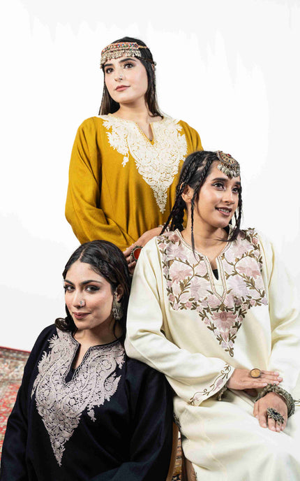 Kashmiri White Aari Work Phiran - Mustard