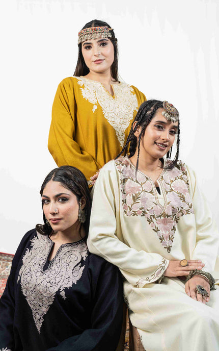 Kashmiri White Aari Work Phiran - Mustard