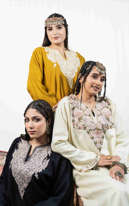 Kashmiri White Aari Work Phiran - Mustard