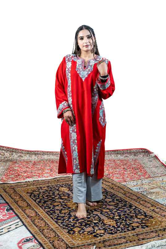 KASHMIRI AARI WORK PHERAN - MAJESTIC RED - ARTISANS KASHMIR