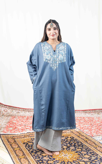 KASHMIRI AARI WORK PHERAN- TEAL - ARTISANS KASHMIR