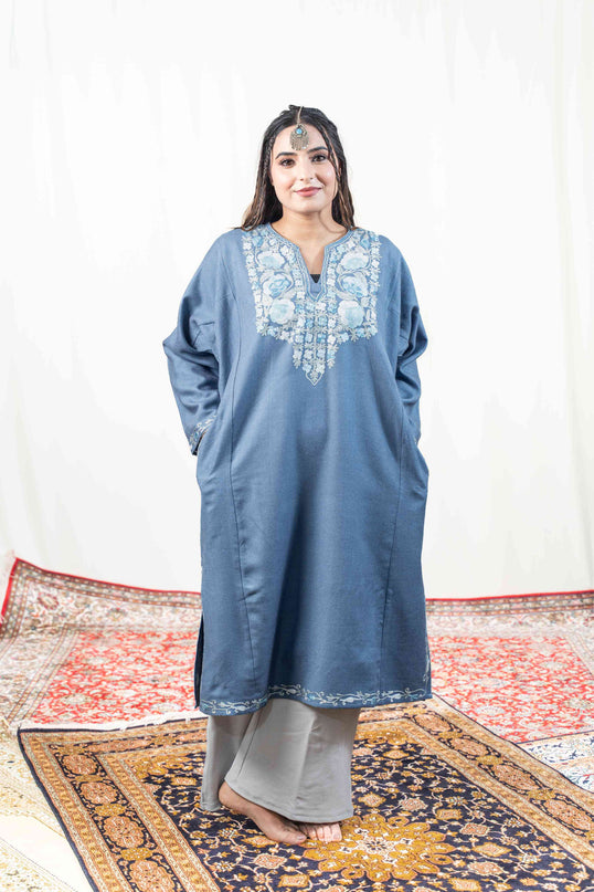 KASHMIRI AARI WORK PHERAN- TEAL - ARTISANS KASHMIR