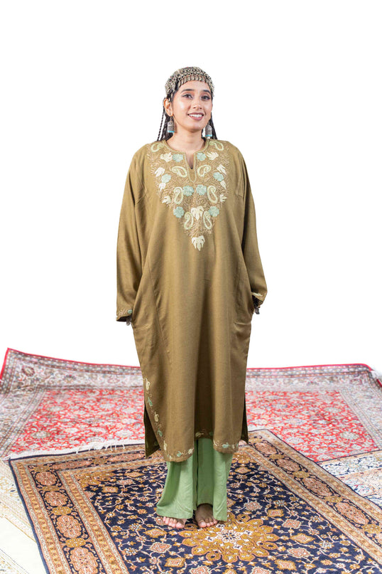 KASHMIRI PAISLEY AARI WORK PHERAN - OLIVE - ARTISANS KASHMIR