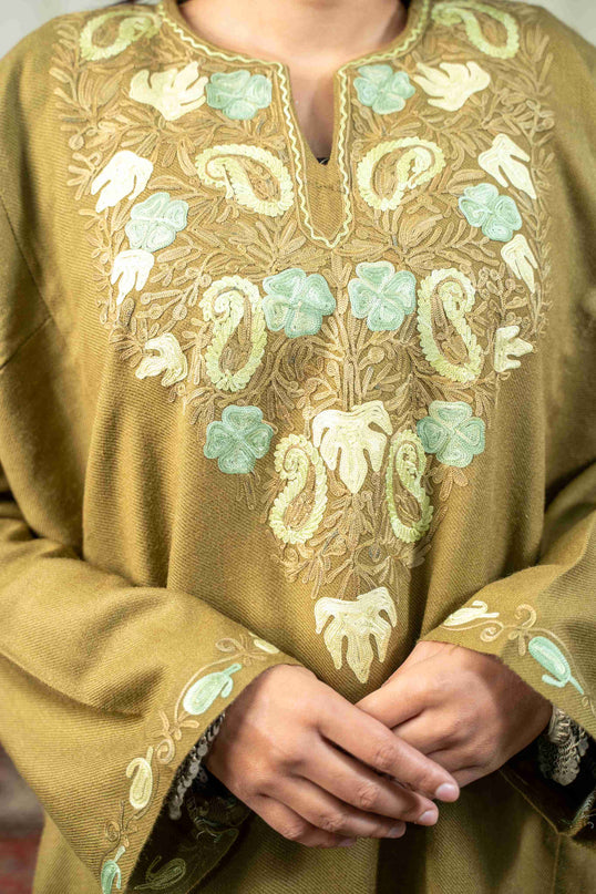 KASHMIRI PAISLEY AARI WORK PHERAN - OLIVE - ARTISANS KASHMIR