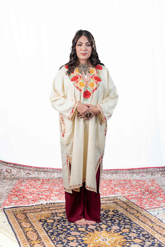 KASHMIRI FLORAL AARI WORK PHERAN - WHITE - ARTISANS KASHMIR