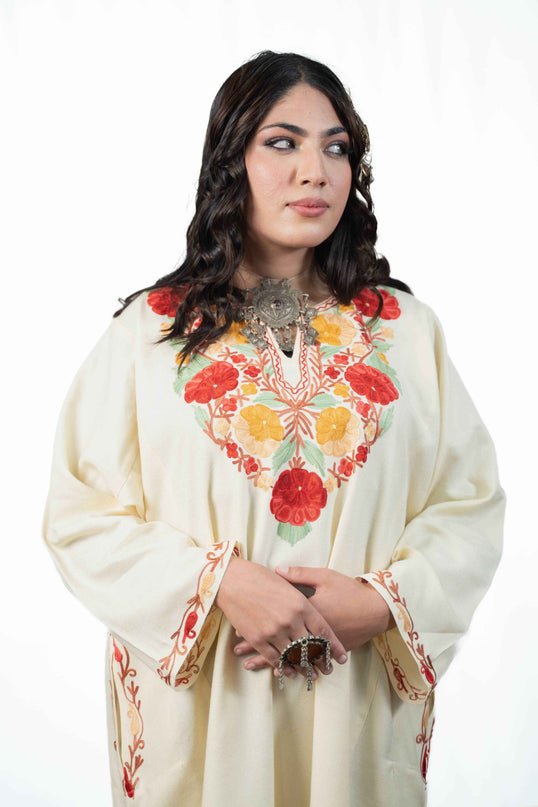 KASHMIRI FLORAL AARI WORK PHERAN - WHITE - ARTISANS KASHMIR