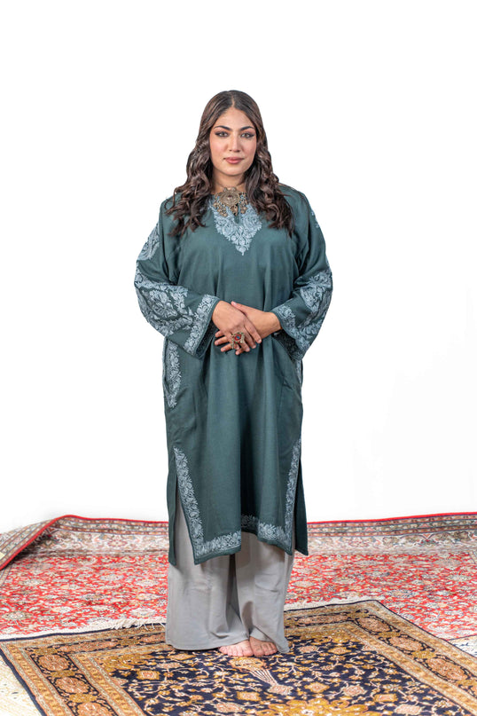 KASHMIRI AARI WORK PHERAN - TROPICAL TEAL - ARTISANS KASHMIR