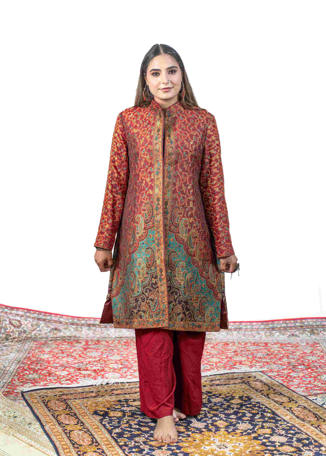 Kashmiri Kani With Zari Embroidery Jacket - Red Zari | Silk Long