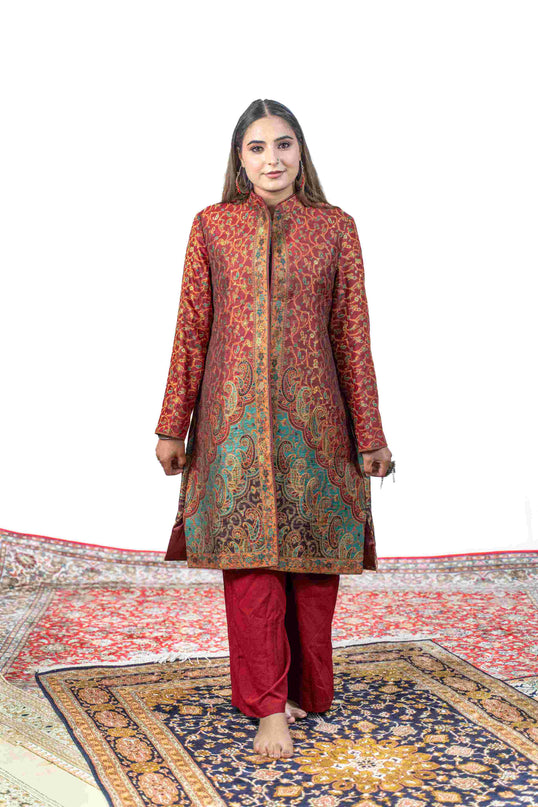 Kashmiri Kani With Zari Embroidery Jacket - Red Zari | Silk Long