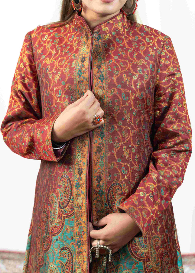 Kashmiri Kani With Zari Embroidery Jacket - Red Zari | Silk Long
