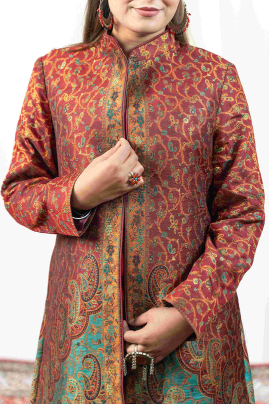Kashmiri Kani With Zari Embroidery Jacket - Red Zari | Silk Long