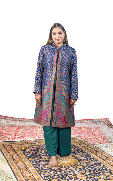 Kashmiri Kani With Zari Embroidery Jacket - Blue Zari | Silk Long