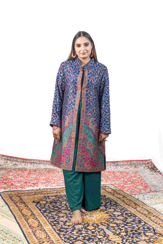 Kashmiri Kani With Zari Embroidery Jacket - Blue Zari | Silk Long