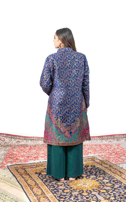 Kashmiri Kani With Zari Embroidery Jacket - Blue Zari | Silk Long