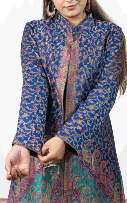 Kashmiri Kani With Zari Embroidery Jacket - Blue Zari | Silk Long
