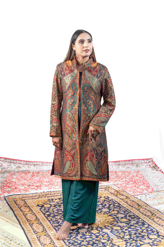 Kashmiri Kani With Zari Embroidery Jacket - Designer Maroon Zari | Silk Long