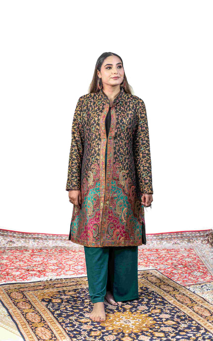 Kashmiri Kani With Zari Embroidery Jacket - Black Zari | Silk Long
