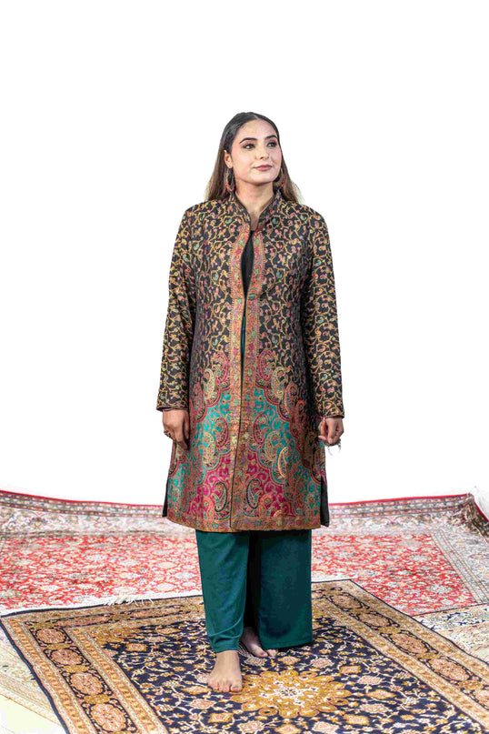 Kashmiri Kani With Zari Embroidery Jacket - Black Zari | Silk Long