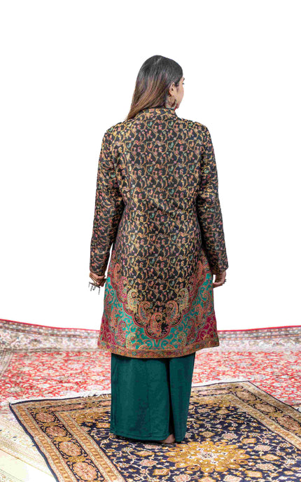 Kashmiri Kani With Zari Embroidery Jacket - Black Zari | Silk Long