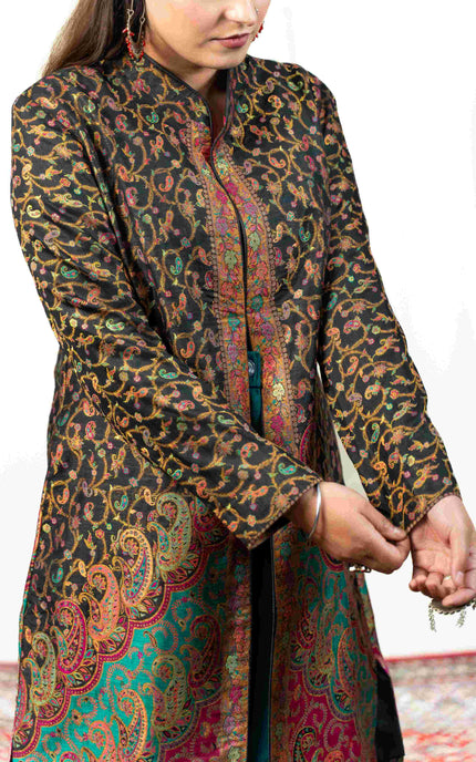 Kashmiri Kani With Zari Embroidery Jacket - Black Zari | Silk Long