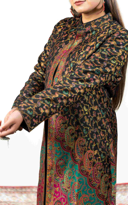 Kashmiri Kani With Zari Embroidery Jacket - Black Zari | Silk Long