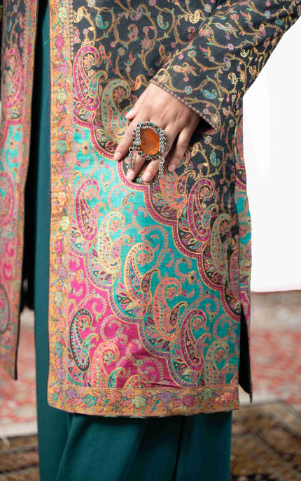 Kashmiri Kani With Zari Embroidery Jacket - Black Zari | Silk Long