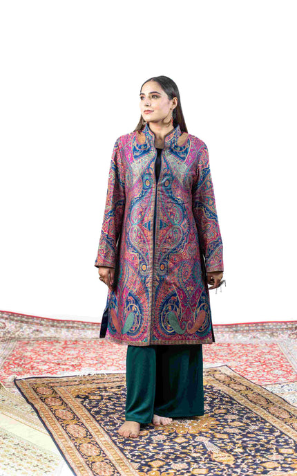 Kashmiri Kani With Zari Embroidery Jacket - Designer Blue Zari | Silk Long