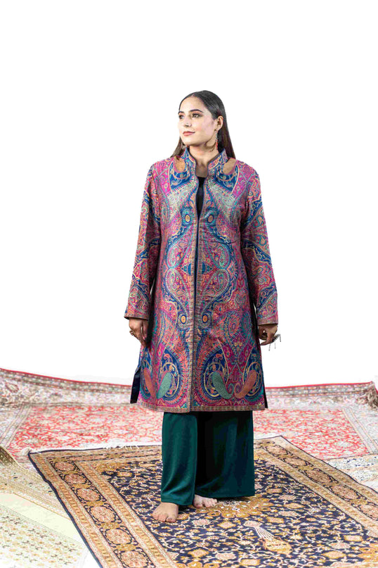 Kashmiri Kani With Zari Embroidery Jacket - Designer Blue Zari | Silk Long