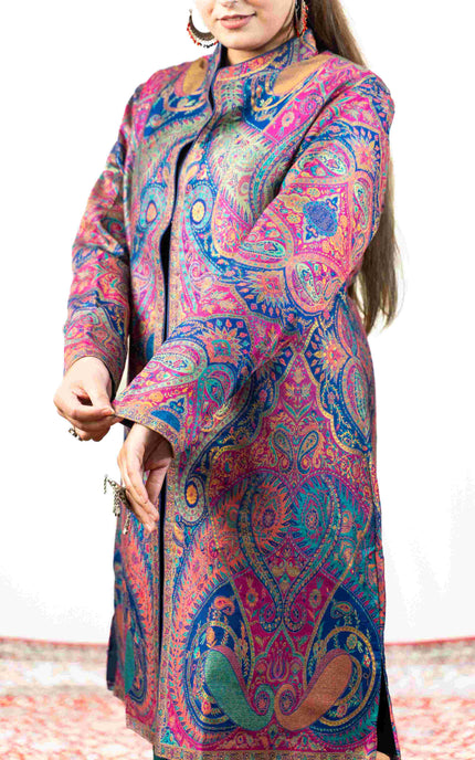 Kashmiri Kani With Zari Embroidery Jacket - Designer Blue Zari | Silk Long