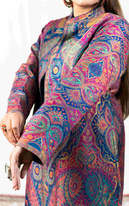 Kashmiri Kani With Zari Embroidery Jacket - Designer Blue Zari | Silk Long