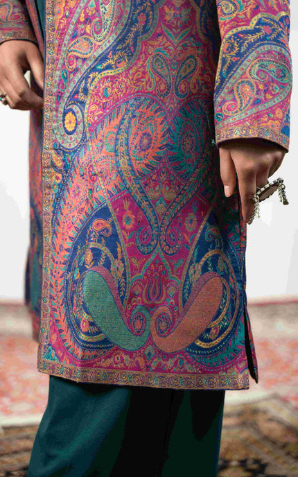 Kashmiri Kani With Zari Embroidery Jacket - Designer Blue Zari | Silk Long