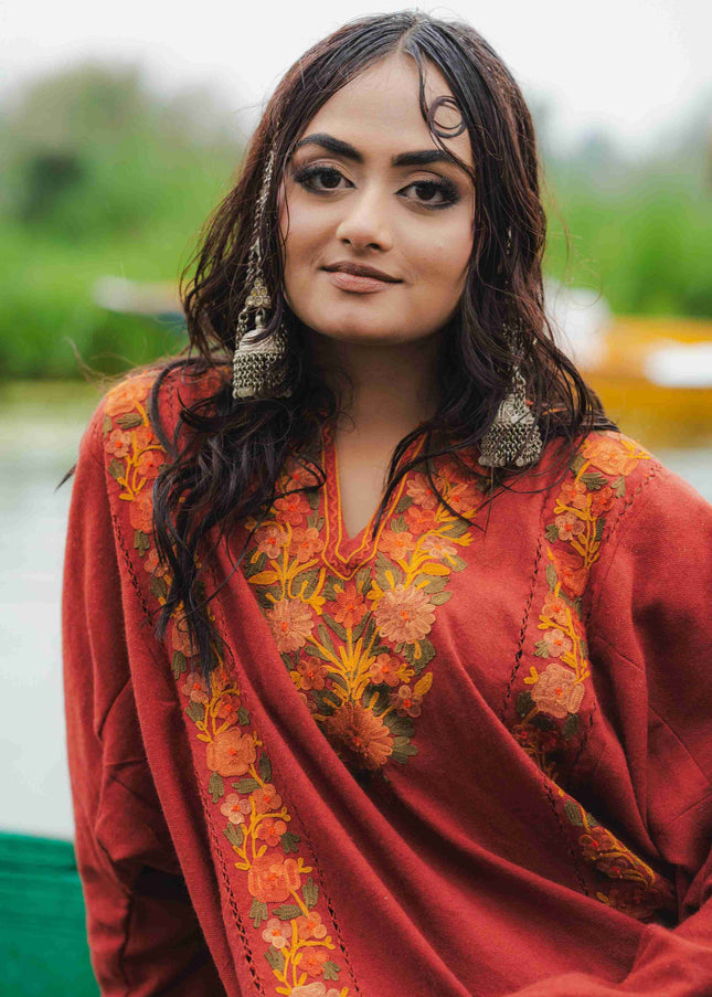 Kashmiri Aari Work Phiran - Maroon | Fringe
