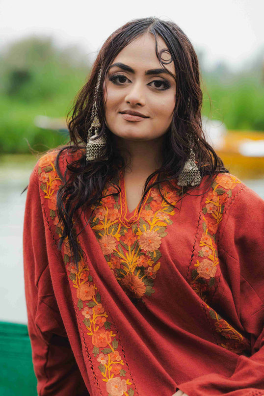 Kashmiri Aari Work Phiran - Maroon | Fringe