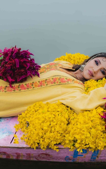 KASHMIRI AARI WORK PHERAN - YELLOW | FRINGE - ARTISANS KASHMIR