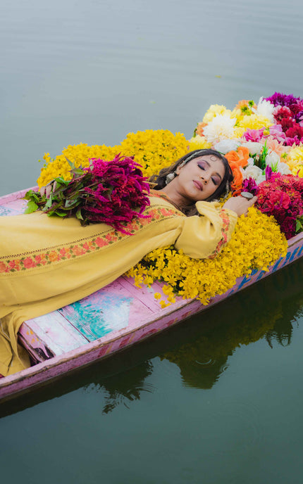 KASHMIRI AARI WORK PHERAN - YELLOW | FRINGE - ARTISANS KASHMIR