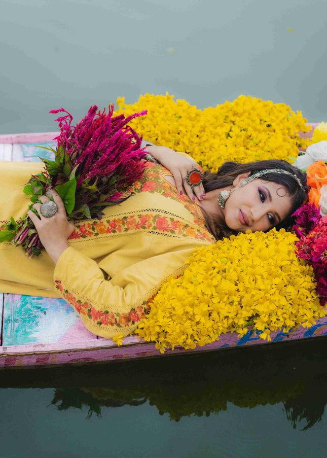 KASHMIRI AARI WORK PHERAN - YELLOW | FRINGE - ARTISANS KASHMIR