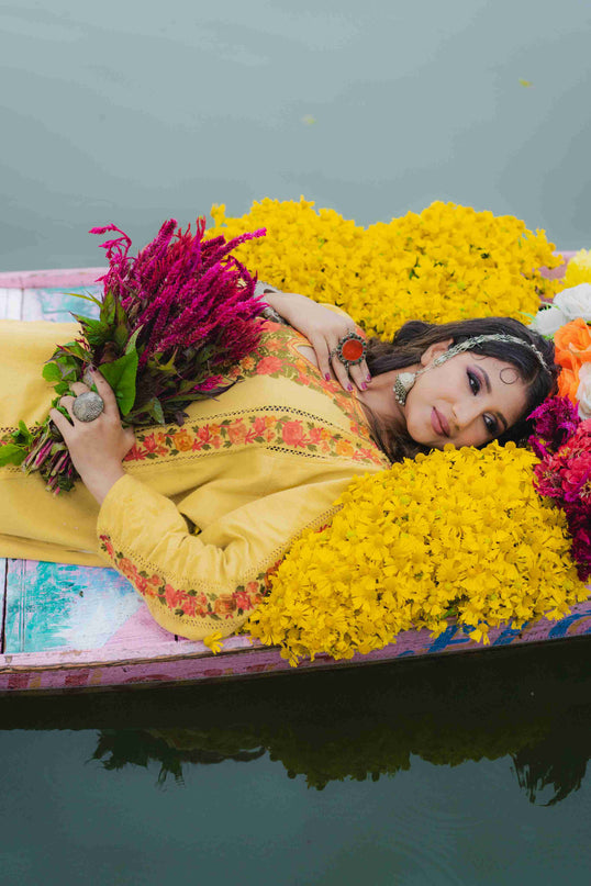 KASHMIRI AARI WORK PHERAN - YELLOW | FRINGE - ARTISANS KASHMIR