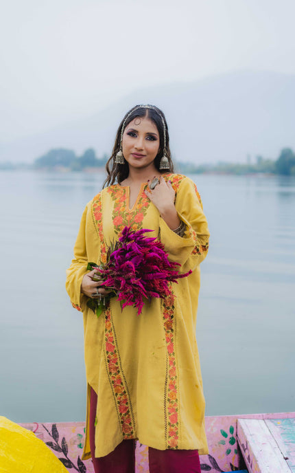KASHMIRI AARI WORK PHERAN - YELLOW | FRINGE - ARTISANS KASHMIR