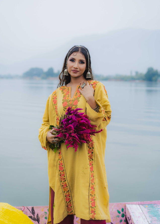 KASHMIRI AARI WORK PHERAN - YELLOW | FRINGE - ARTISANS KASHMIR