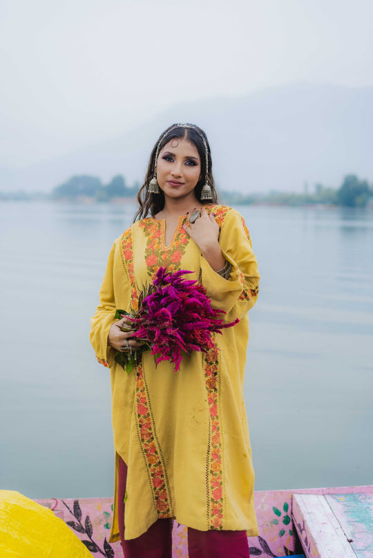 KASHMIRI AARI WORK PHERAN - YELLOW | FRINGE - ARTISANS KASHMIR