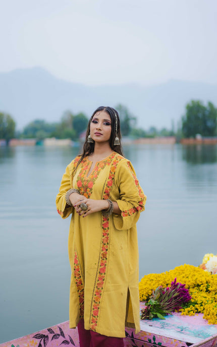 KASHMIRI AARI WORK PHERAN - YELLOW | FRINGE - ARTISANS KASHMIR